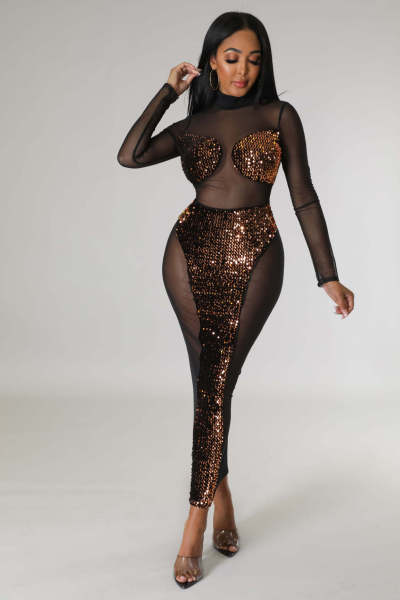 Fashion one-step dress nightclub sequin sexy perspective fashion banquet evening dress dress