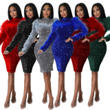 Fashion buttock cut-out long-sleeved feather nightclub sequin slimming fashion celebrity dress