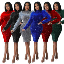 Fashion buttock cut-out long-sleeved feather nightclub sequin slimming fashion celebrity dress Fashion buttock cut-out long-sleeved feather nightclub sequin slimming fashion celebrity dress