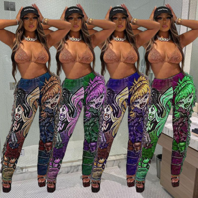 Colored cartoon printed fringed casual pants