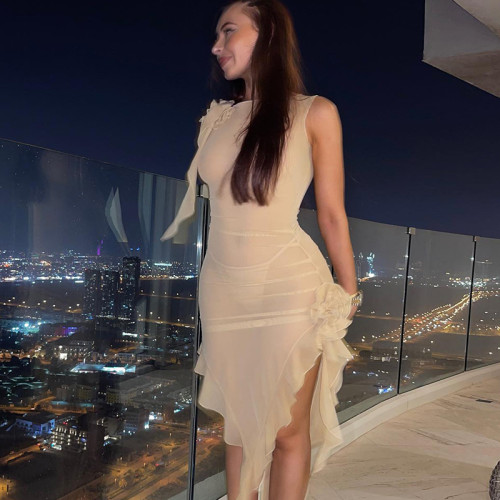 Women's see-through mesh sexy backless lace-up patchwork ear hem dress