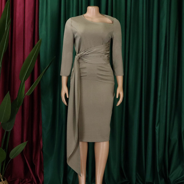 Pleated strapping solid color buttock wrap professional temperament large dress
