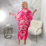 Women's V-neck bat sleeve pleated printed dress with front and back
