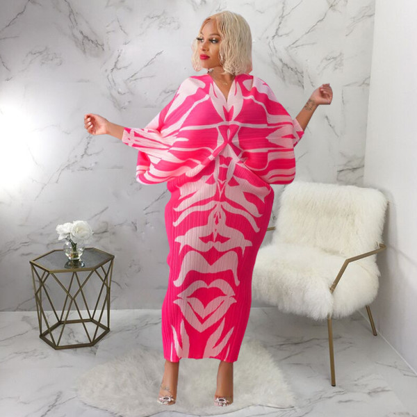 Women's V-neck bat sleeve pleated printed dress with front and back