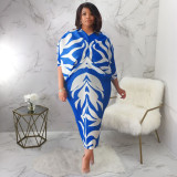 Women's V-neck bat sleeve pleated printed dress with front and back