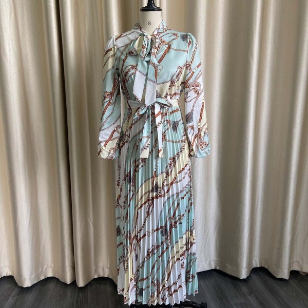 Long sleeve printed pleated lace Tongle long skirt large dress