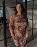 Women's round neck long-sleeved printed juan net fashion temperament long-sleeved fashion top