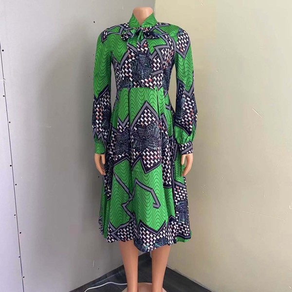 Fashion printing lace up high waist large skirt dress