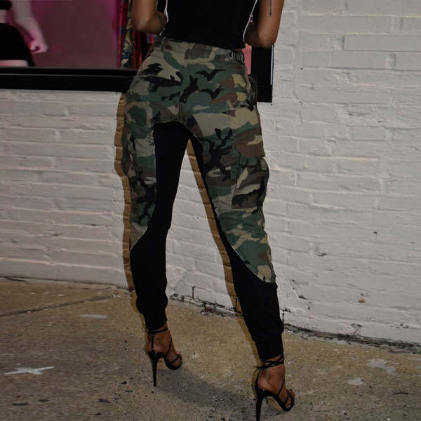 Sexy slim contrast fabric casual camouflage pocket pants