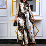Long sleeve printed pleated lace Tongle long skirt large dress