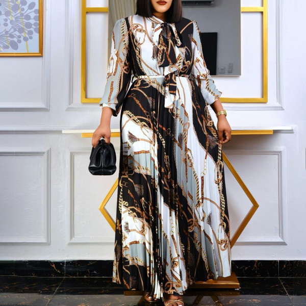 Long sleeve printed pleated lace Tongle long skirt large dress