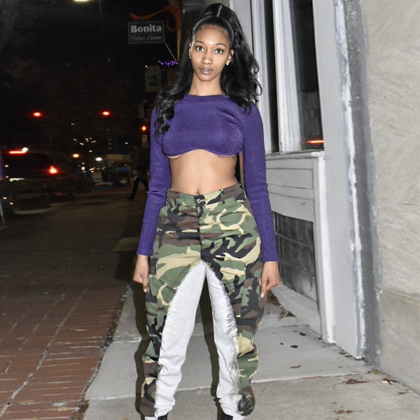 Sexy slim contrast fabric casual camouflage pocket pants
