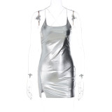 Solid color suspender open back split sexy party skirt dress