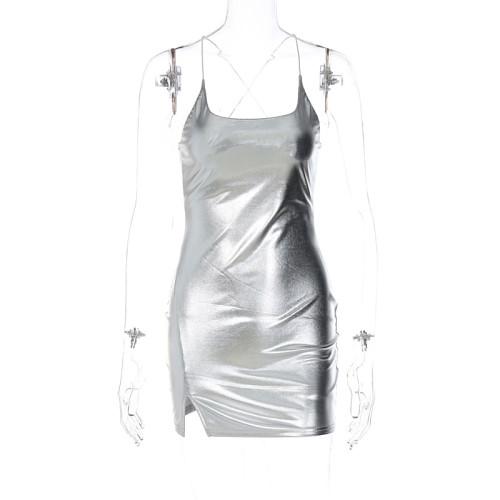 Solid color suspender open back split sexy party skirt dress
