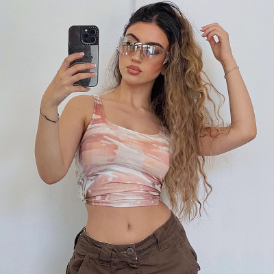 Printed short top sleeveless T-shirt street clothing retro vest