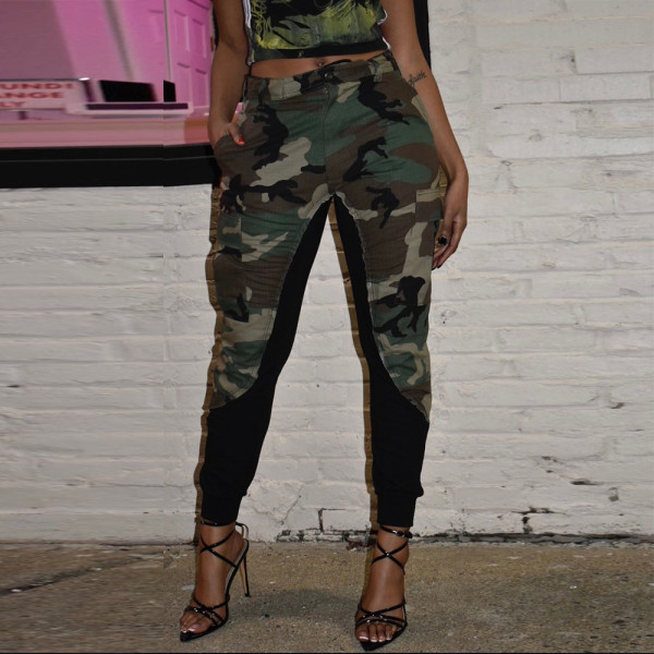 Sexy slim contrast fabric casual camouflage pocket pants
