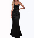 Solid color slim slim suspender large swing dress