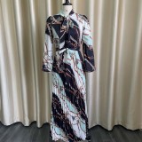 Long sleeve printed pleated lace Tongle long skirt large dress