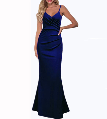 Solid color slim slim suspender large swing dress