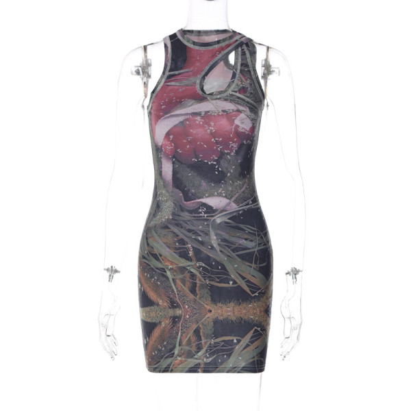 Personalized printed round neck sleeveless hollow buttock sexy street skirt