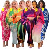 Women's V-neck bat sleeve pleated printed dress with front and back