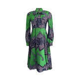 Fashion printing lace up high waist large skirt dress