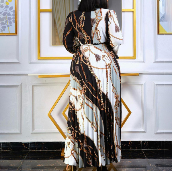 Long sleeve printed pleated lace Tongle long skirt large dress