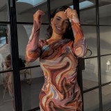 Women's round neck long-sleeved printed juan net fashion temperament long-sleeved fashion top