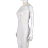 Mesh panel hanging neck hollow irregular dress