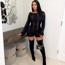 Fashion wool open-back long-sleeved slim sexy shorts jumpsuit Fashion wool open-back long-sleeved slim sexy shorts jumpsuit