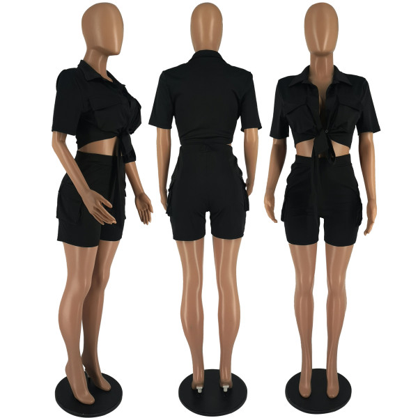 Shirt short sleeve shorts solid color two-piece set
