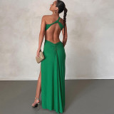 Oblique shoulder dress, solid color pullover, sexy backless evening dress, long style, celebrity style, split skirt