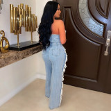 Denim wash V-neck open back fringe fashion jumpsuit