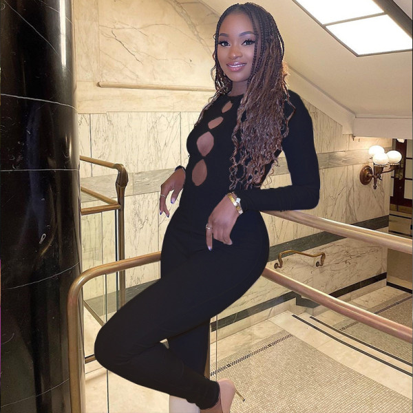 Hollow tight jumpsuit solid color pullover long-sleeved all-in-one pants leggings