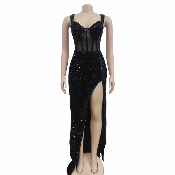 Fashion women's pure color beaded mesh sleeveless long dress