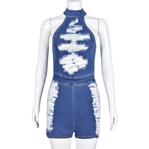 Denim neck tassel beggar sexy jumpsuit