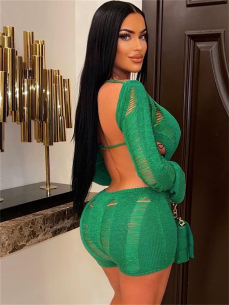 Fashion wool open-back long-sleeved slim sexy shorts jumpsuit