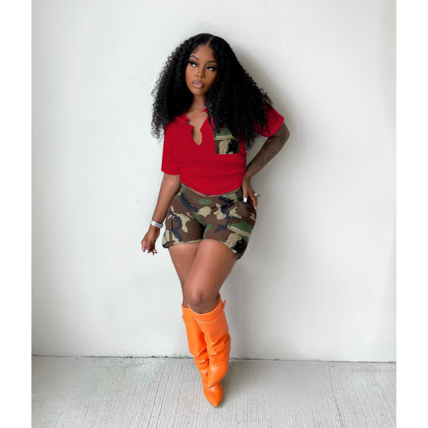 Women's camouflage style short-sleeved shorts two-piece patchwork pocket elastic digital print set