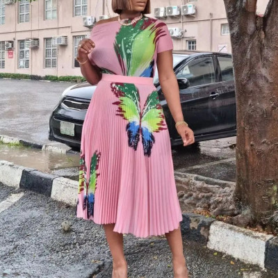 Printed top pleated large skirt skirt suit large two-piece set