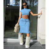 Pocket camouflage short-sleeved long skirt suit, solid color printing, high-elastic street two-piece set