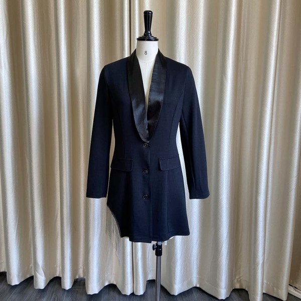 Solid V-neck fringe patchwork suit collar large dress