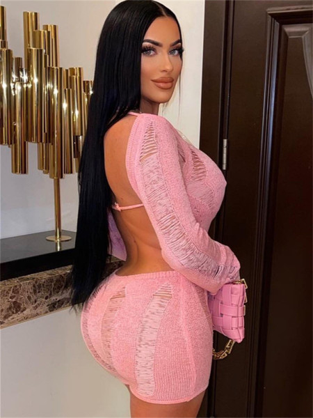 Fashion wool open-back long-sleeved slim sexy shorts jumpsuit