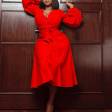 V-neck high-waist banded bubble sleeve oversized dress