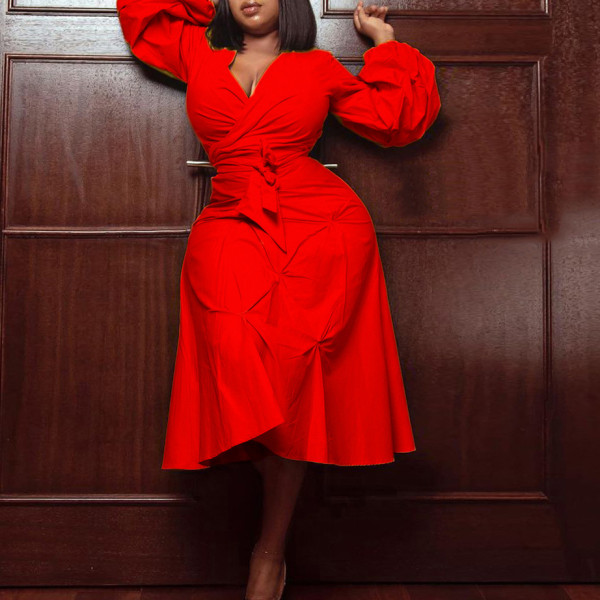 V-neck high-waist banded bubble sleeve oversized dress