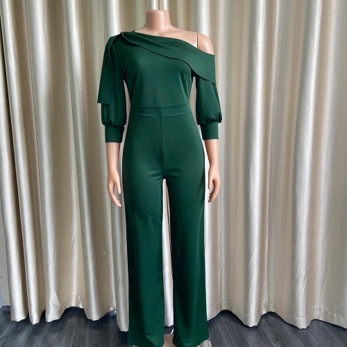 Casual solid color diagonal shoulder jumpsuit