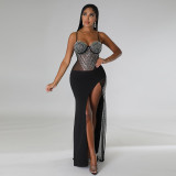 Hip wrap dress with suspender, high slit, hot diamond sexy nightclub dress