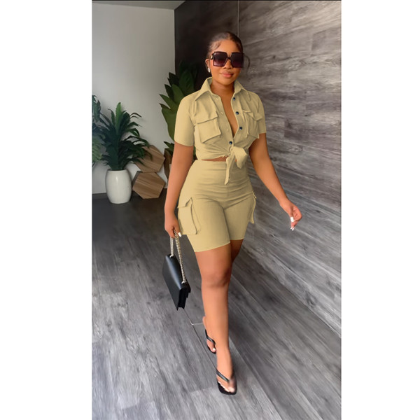 Shirt short sleeve shorts solid color two-piece set