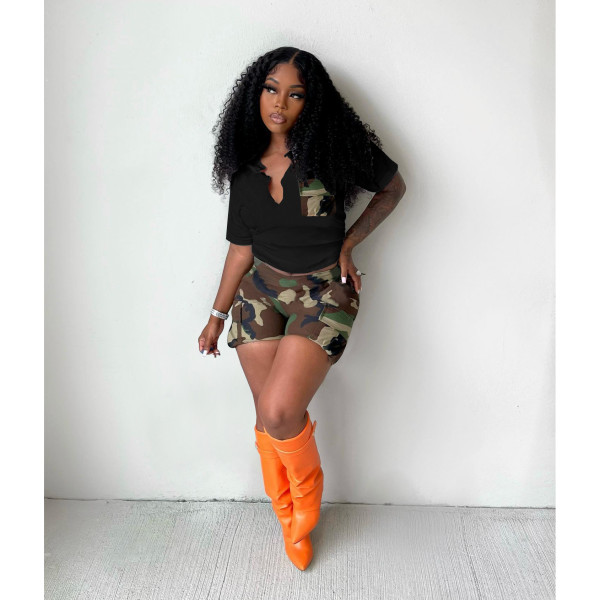 Women's camouflage style short-sleeved shorts two-piece patchwork pocket elastic digital print set
