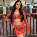 Fashion print sexy open navel round neck long sleeve top skirt suit