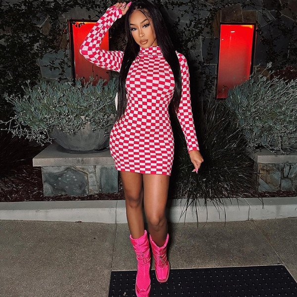 Long-sleeve pullover buttock skirt stand-up neck tight skirt plaid print dress